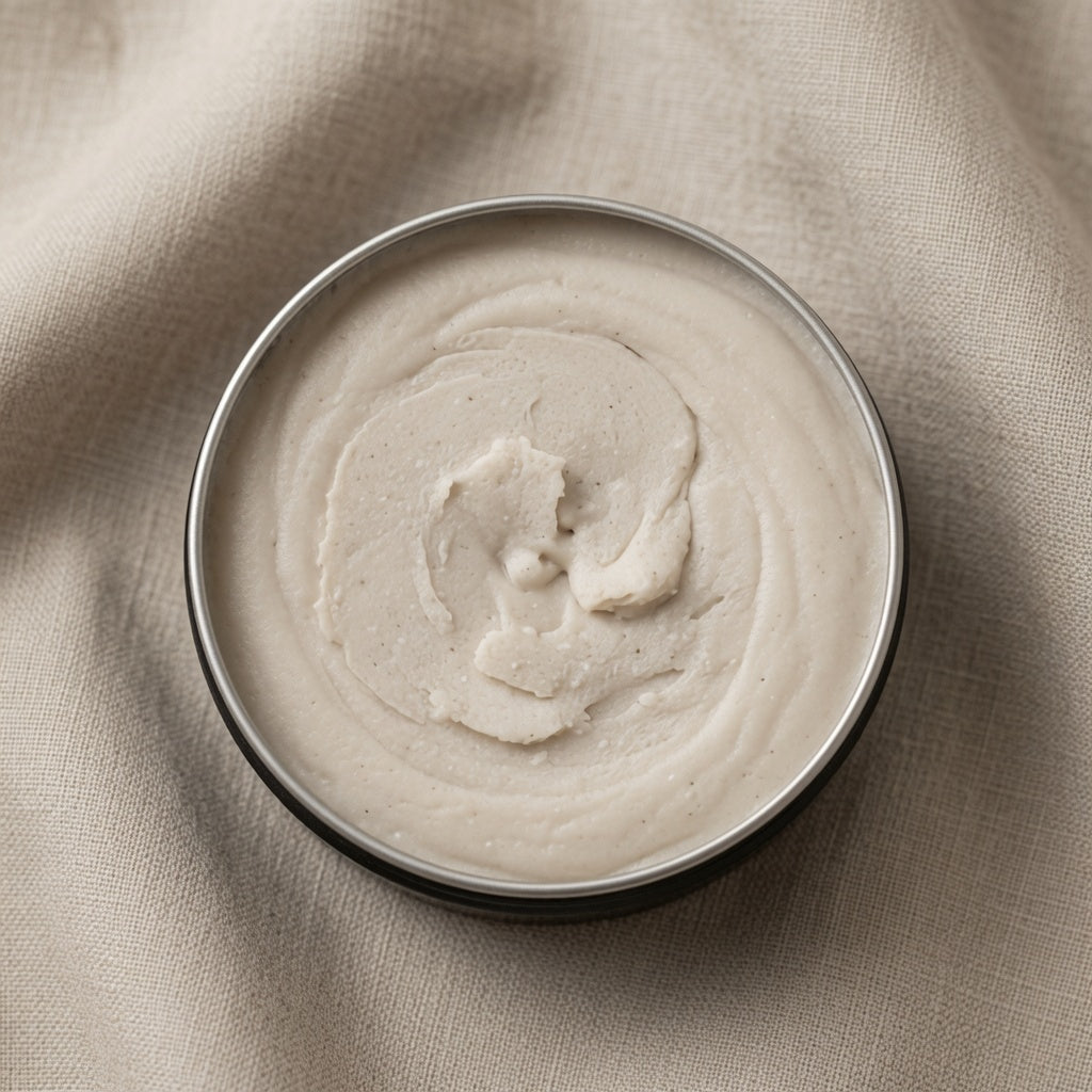 Beige cream in a round metal container on a beige fabric background