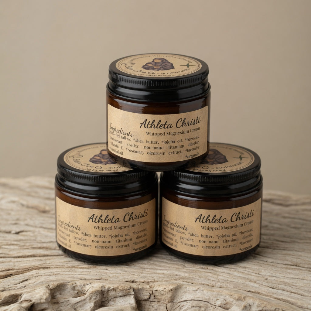 Three jars of Athleta Christi cream stacked on a wooden surface with a beige background