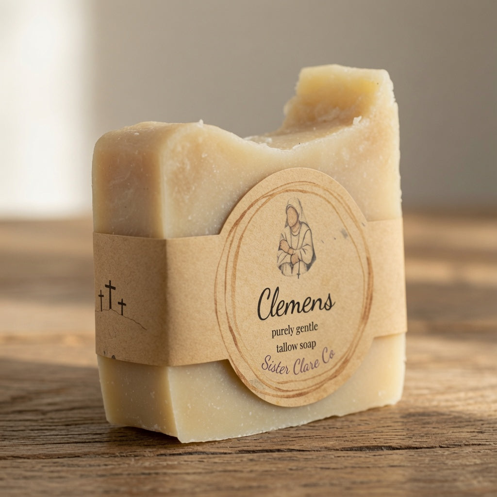 A bar of Clemens tallow soap by Sister Clare Co. wrapped in a kraft paper band, sitting on a rustic wooden surface.