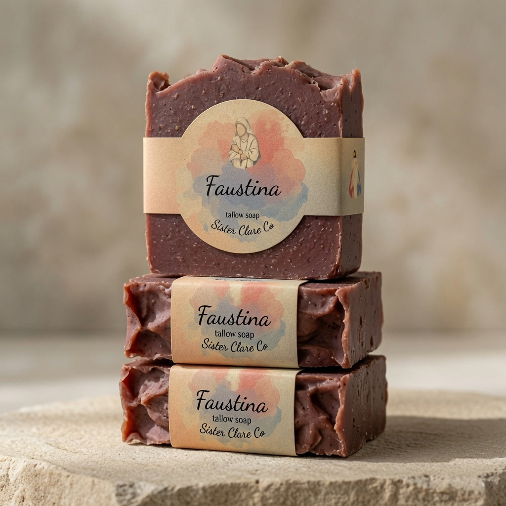 Three stacked bars of handmade soap labeled 'Faustina' by Sister Clare Co, shown on a stone surface with a soft neutral background.