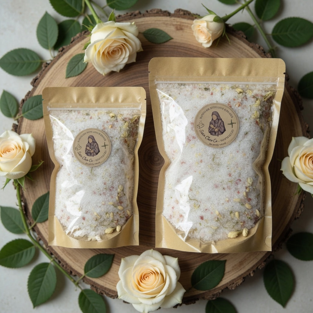 Square product photograph of small and large Guadalupe Mineral Soak pouches arranged together on natural wood or stone surface with soft shadows, rose accents, and elegant styling that helps customers visualize stocking up for their faith-filled self-care routine.