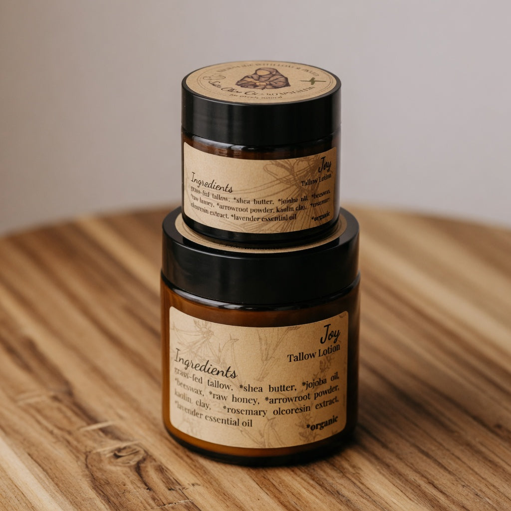 Stacked Joy Tallow Lotion jars beautifully arranged on a natural wooden surface with soft lighting