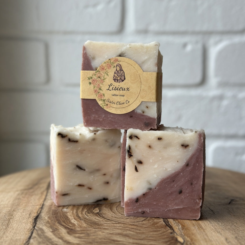 Stacked LISIEUX rose tallow soap bars on natural wooden surface, highlighting the marbled design and thickness of the bars