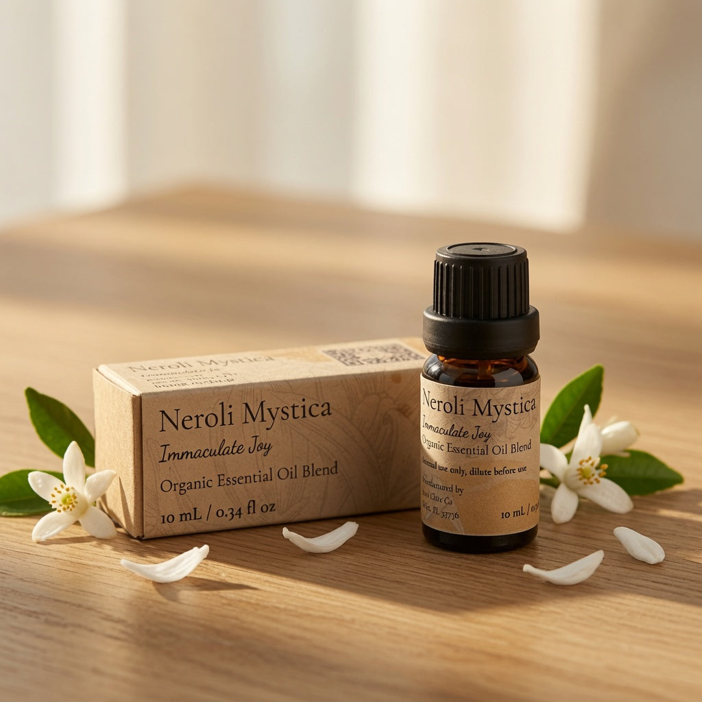 A small amber glass bottle of Neroli Mystica Immaculate Joy essential oil blend with a black cap stands beside its kraft paper box on a wooden surface, styled with white neroli blossoms and green leaves.