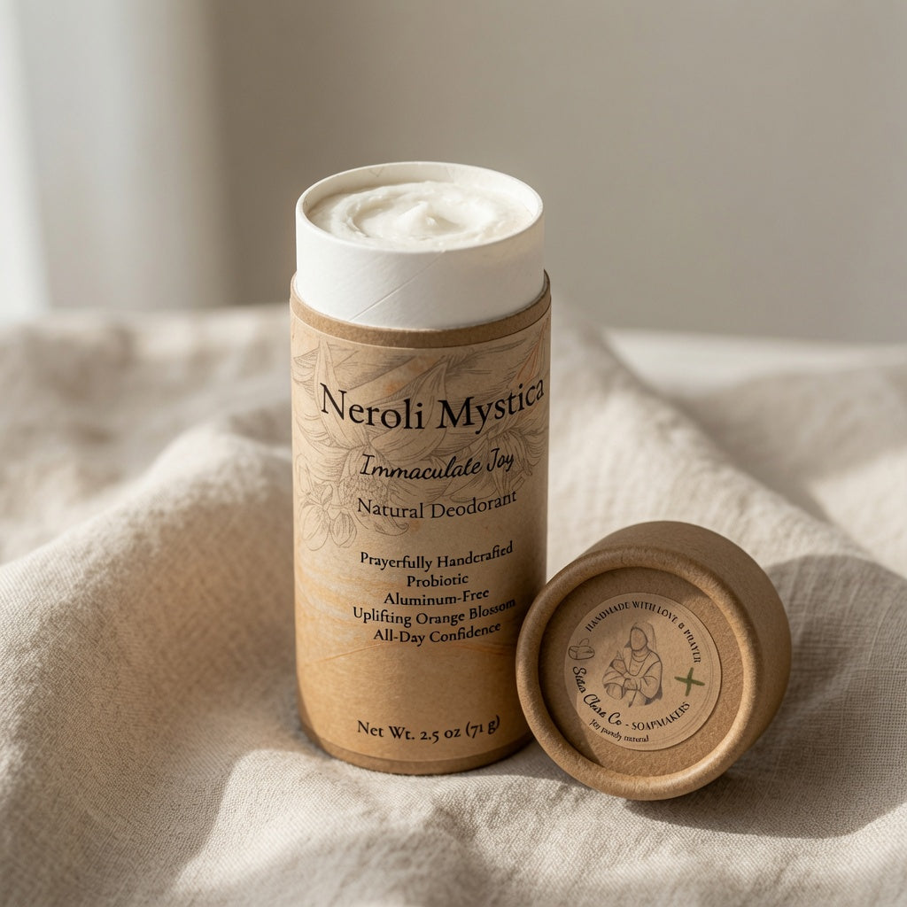 A cylindrical deodorant stick labeled Neroli Mystique Immaculate Joy sits on draped beige fabric, with its wooden lid placed beside it. The product packaging is natural wood and kraft paper, and the deodorant itself is visible at the top.