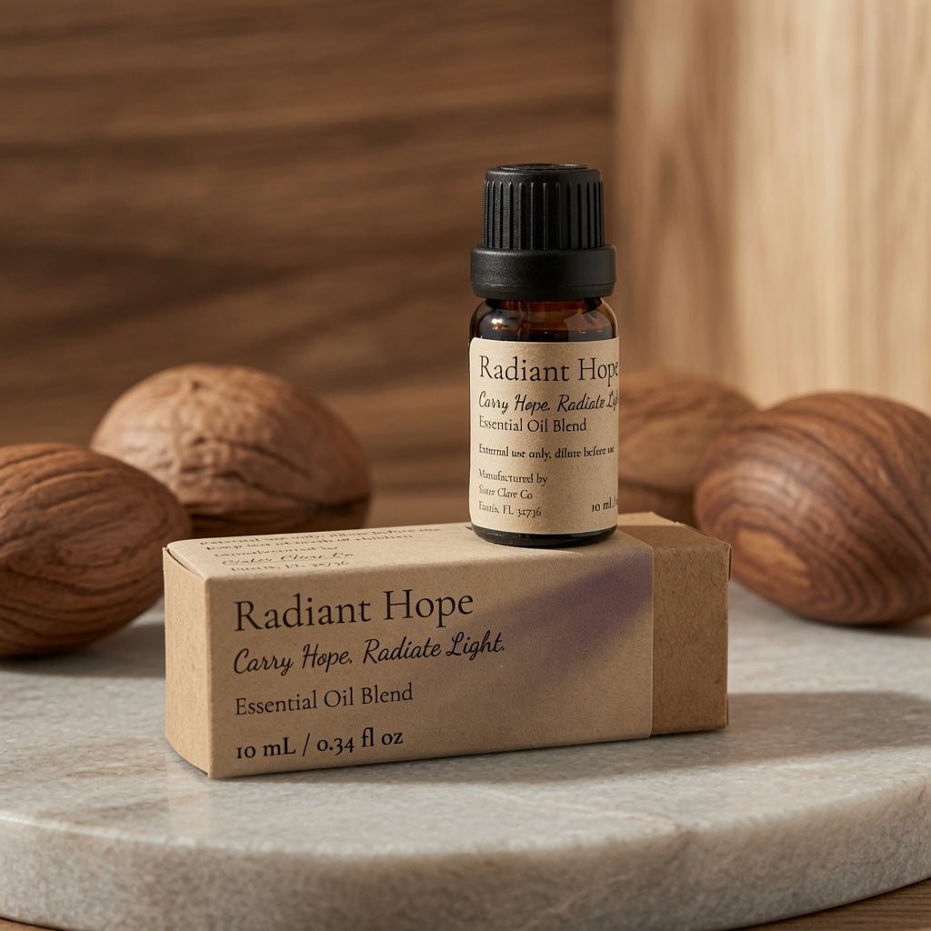 A small amber glass bottle of Radiant Hope Carry Hope, Radiate Light essential oil blend with a black cap, standing on top of its kraft paper box. The box is placed on a light stone surface with walnuts and a wooden background.