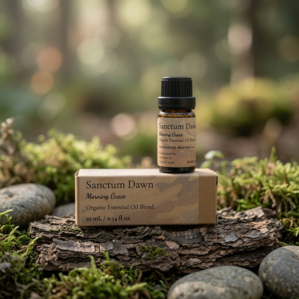 A small amber glass bottle of Sanctum Dawn Morning Grace essential oil blend stands on top of its kraft paper box, placed on a log outdoors among moss and rocks.