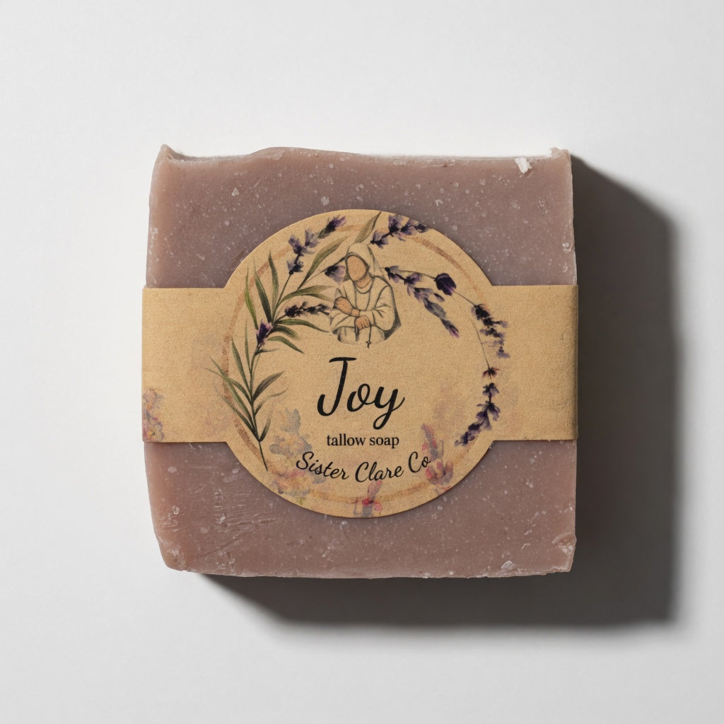 Bar of soap with a decorative label on a light background