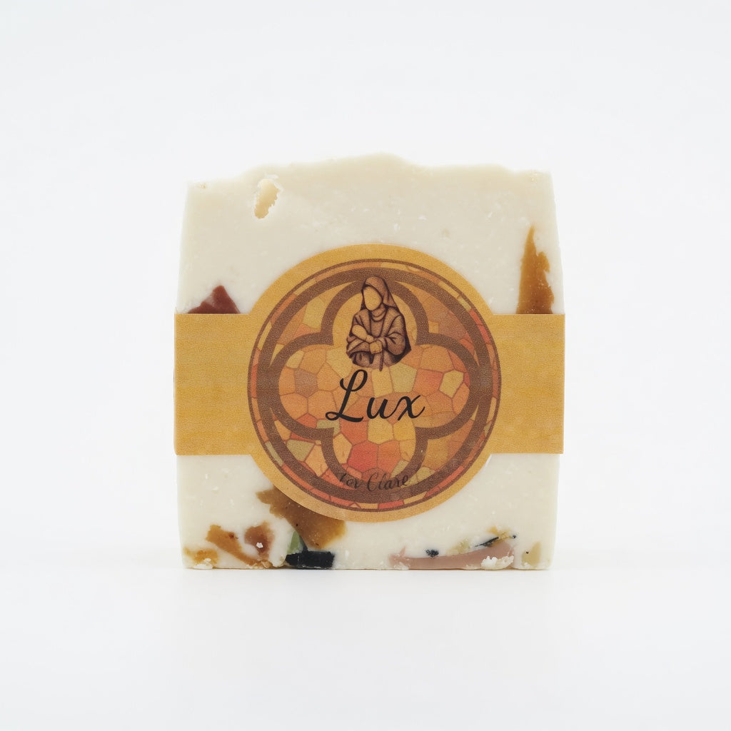 Single Lux Tallow Soap bar on clean white background, perfect hero product view matching the reference photo precisely.