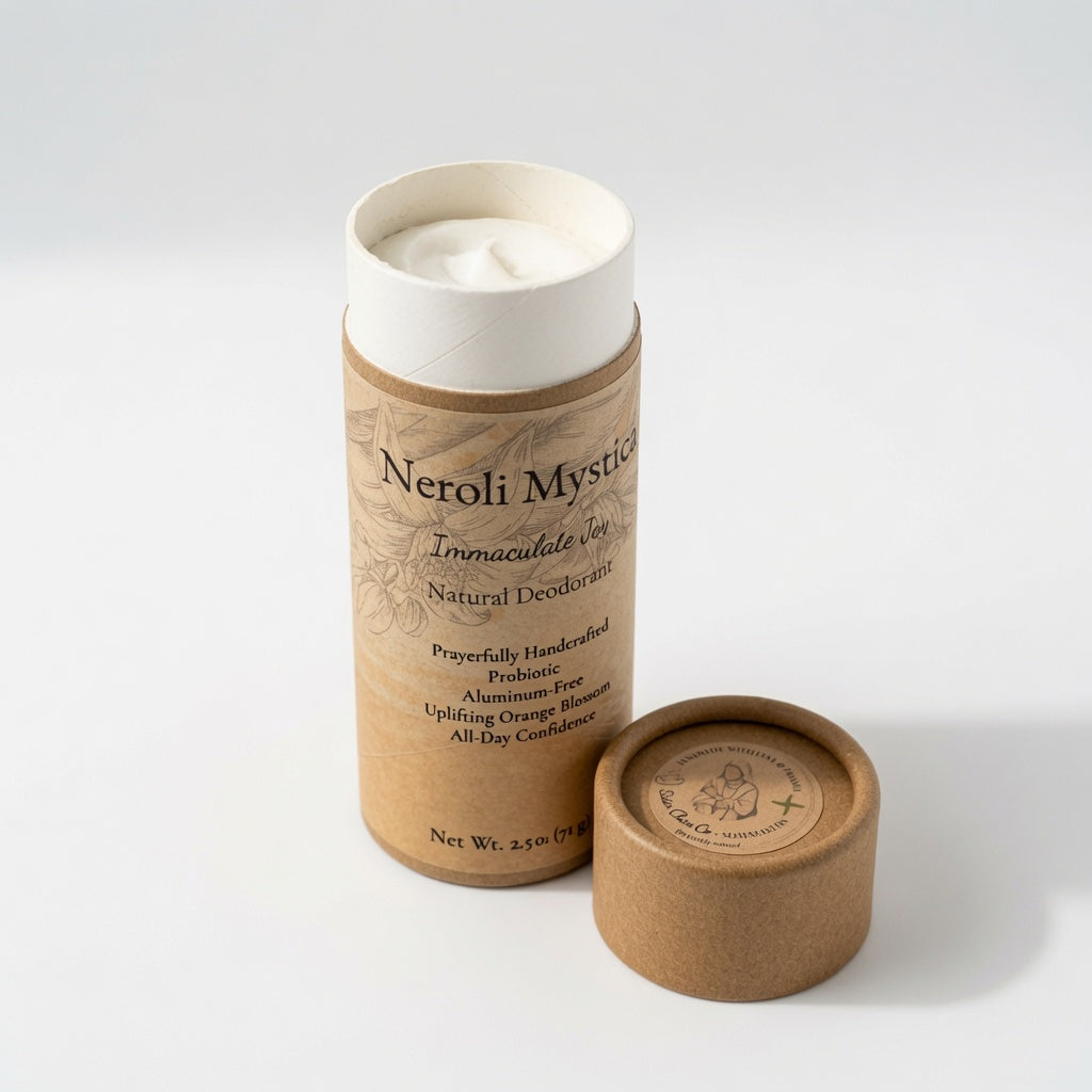 A cylindrical kraft paper container of Neroli Mystica Immaculate Oil natural deodorant, shown open with the white inner lid and product visible, alongside a separate matching kraft lid on a clean white background.