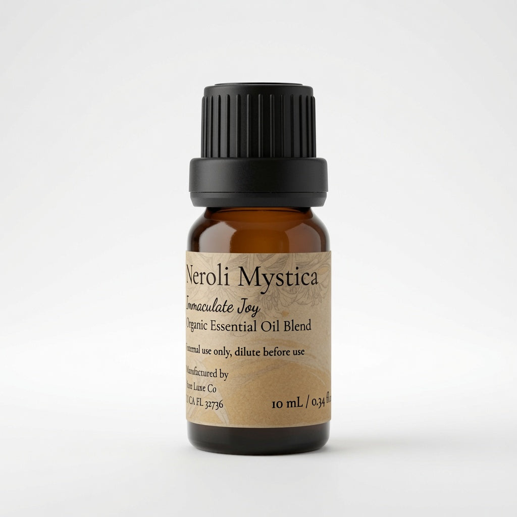 A 10 mL amber glass bottle of Neroli Mystica essential oil blend with a black ribbed cap and a beige label, photographed on a clean white background.
