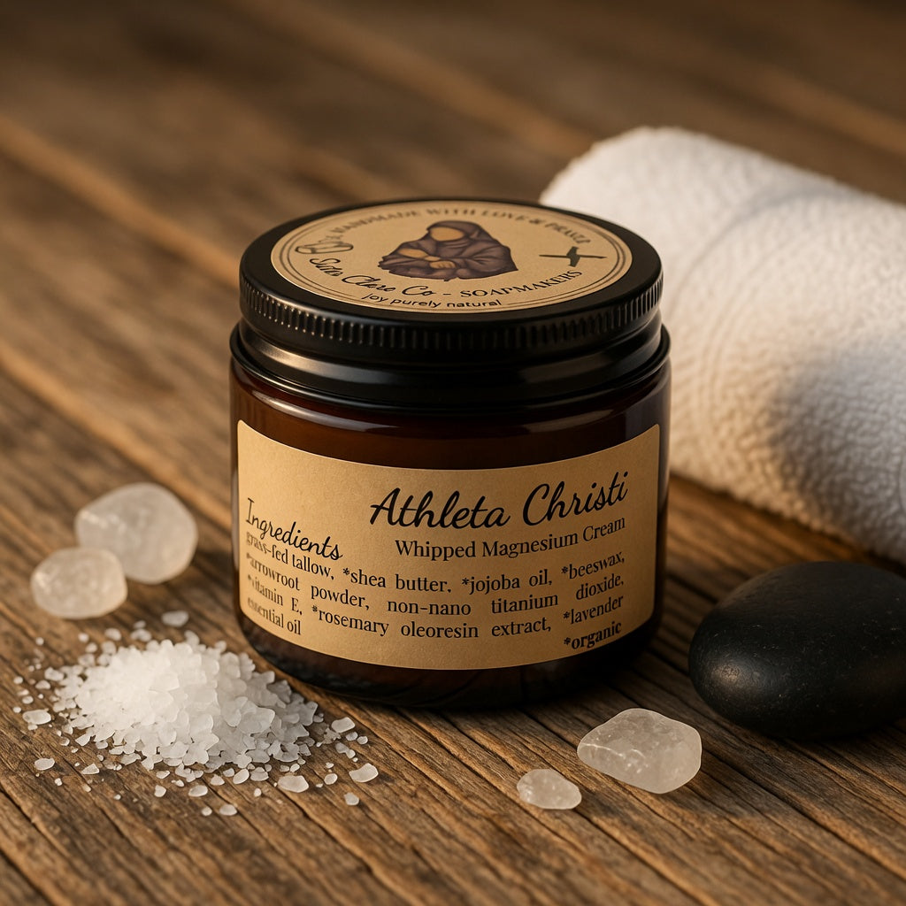 Athleta Christi whipped magnesium cream jar on a wooden surface with ingredients listed