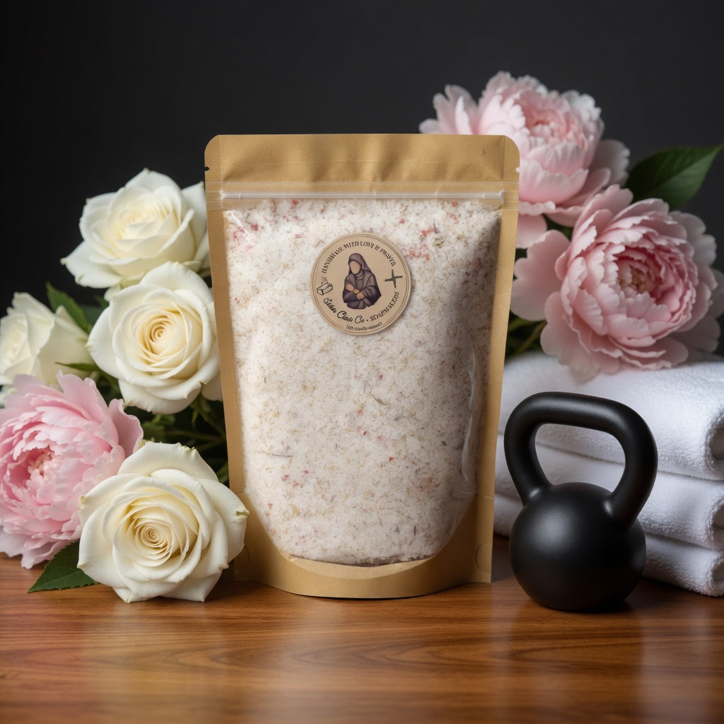 Artistic square arrangement photograph of Athleta Christi Mineral Soak pouch surrounded by fresh white and pink flowers, a folded athletic towel, and a small kettlebell on wooden background, luxurious and faith-inspired styling that draws customers into the empowering recovery experience after tough training.