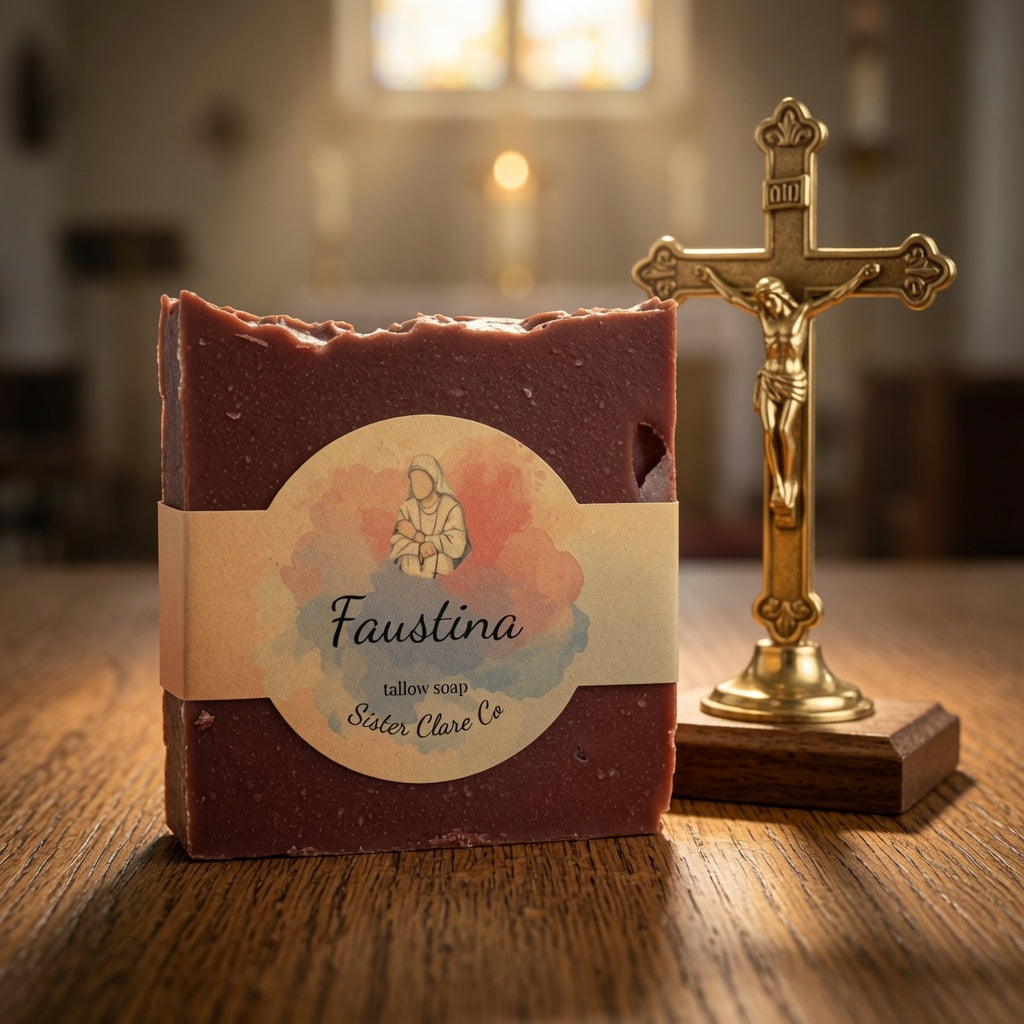 A bar of soap labeled Faustina sits on a wooden table beside a small gold crucifix. The soap is a deep reddish-brown with a cream paper band around the middle.