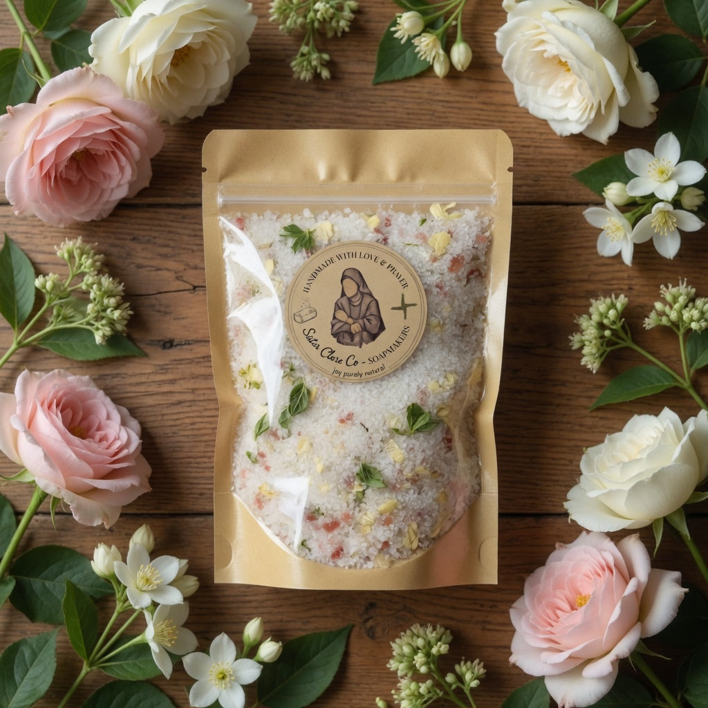 Artistic square arrangement photograph of Guadalupe Mineral Soak pouch surrounded by fresh pink and white roses, jasmine flowers, and soft green elements on wooden background, luxurious and faith-inspired styling that draws customers into the emotional experience.