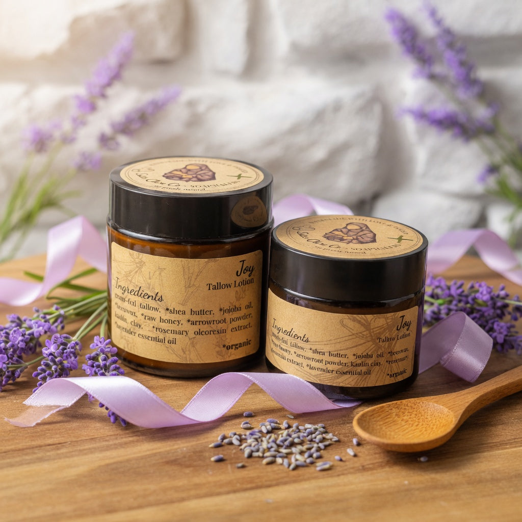 Joy Tallow Lotion with light lavender ribbons, lavender sprigs and joyful props arranged on wood, evoking unbridled happiness