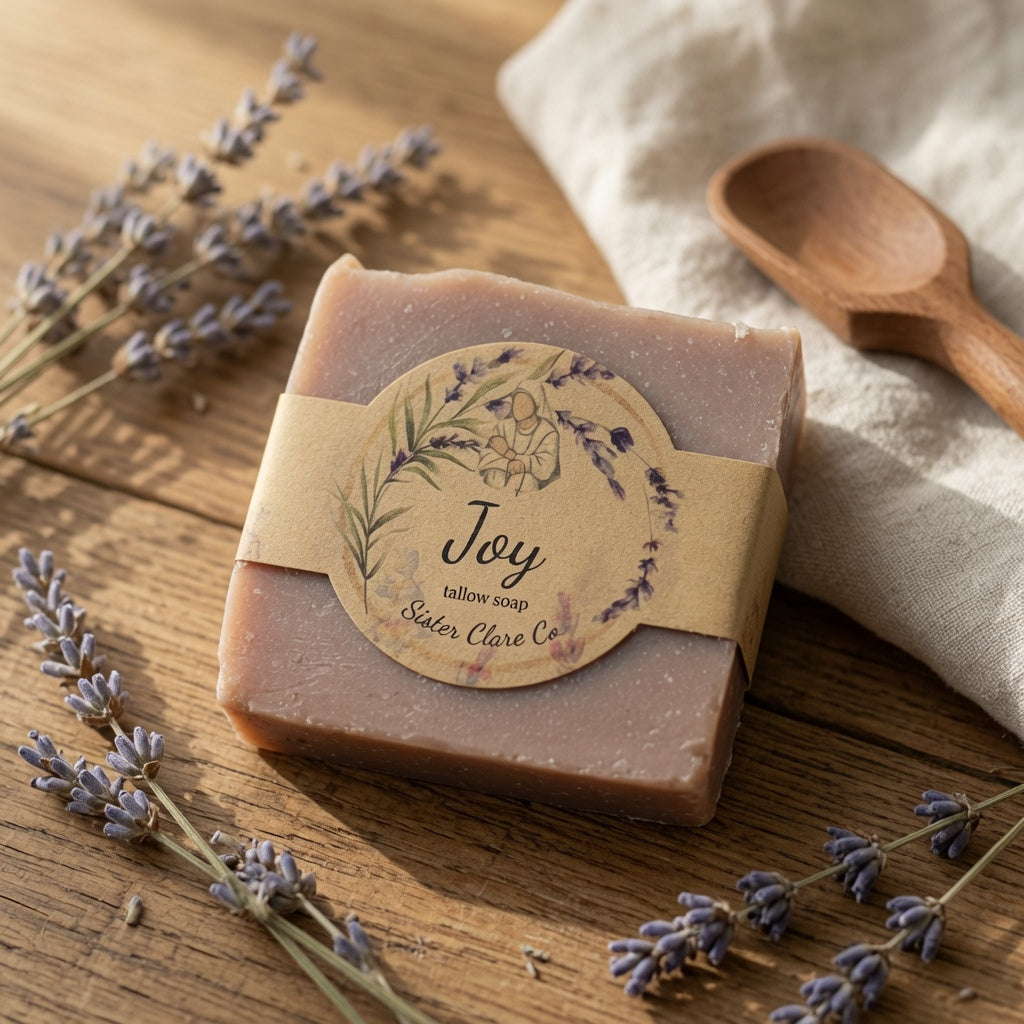 Bar of soap with a 'Joy' label surrounded by lavender flowers on a wooden surface.