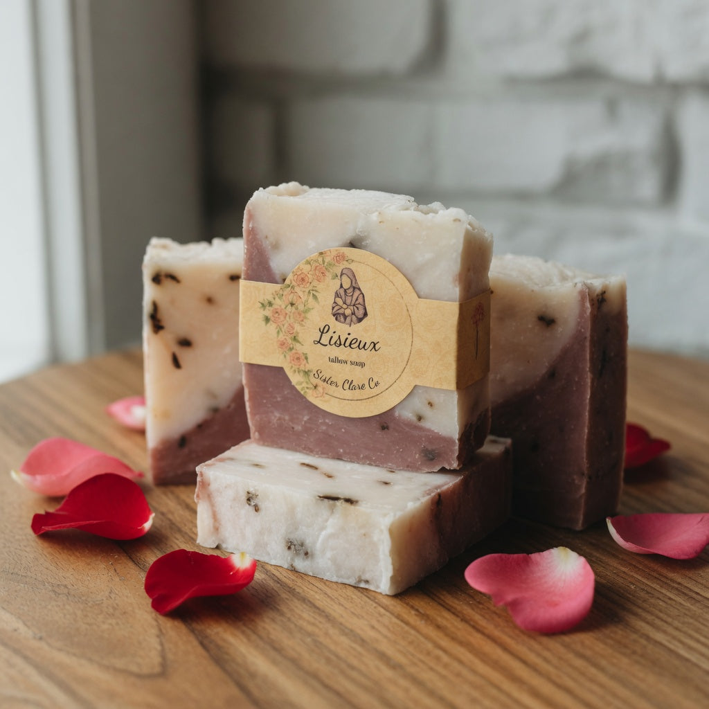 LISIEUX rose soap arranged with scattered fresh rose petals on wooden surface, thematic product styling