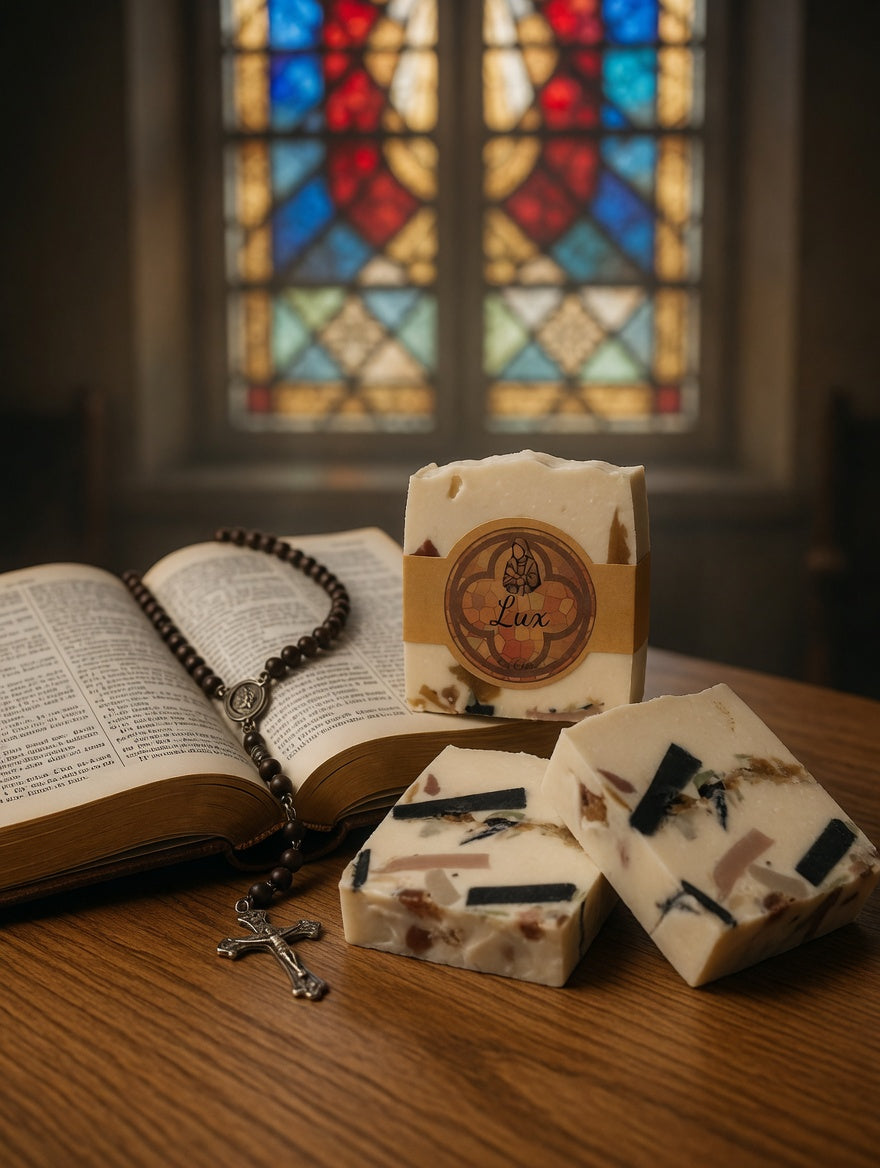 Lux Tallow Soap beautifully arranged with Bible and rosary on wooden surface, tying into the church stained glass theme.