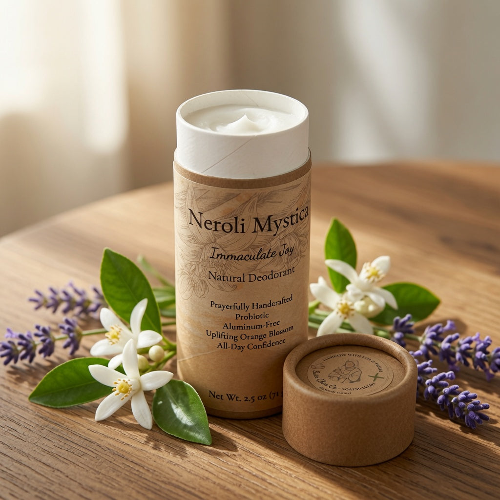 A cylindrical jar of Neroli Mystique Immaculate Way Natural Deodorant with its lid placed beside it on a wooden surface, surrounded by white neroli flowers, green leaves, and purple lavender sprigs in soft natural light.