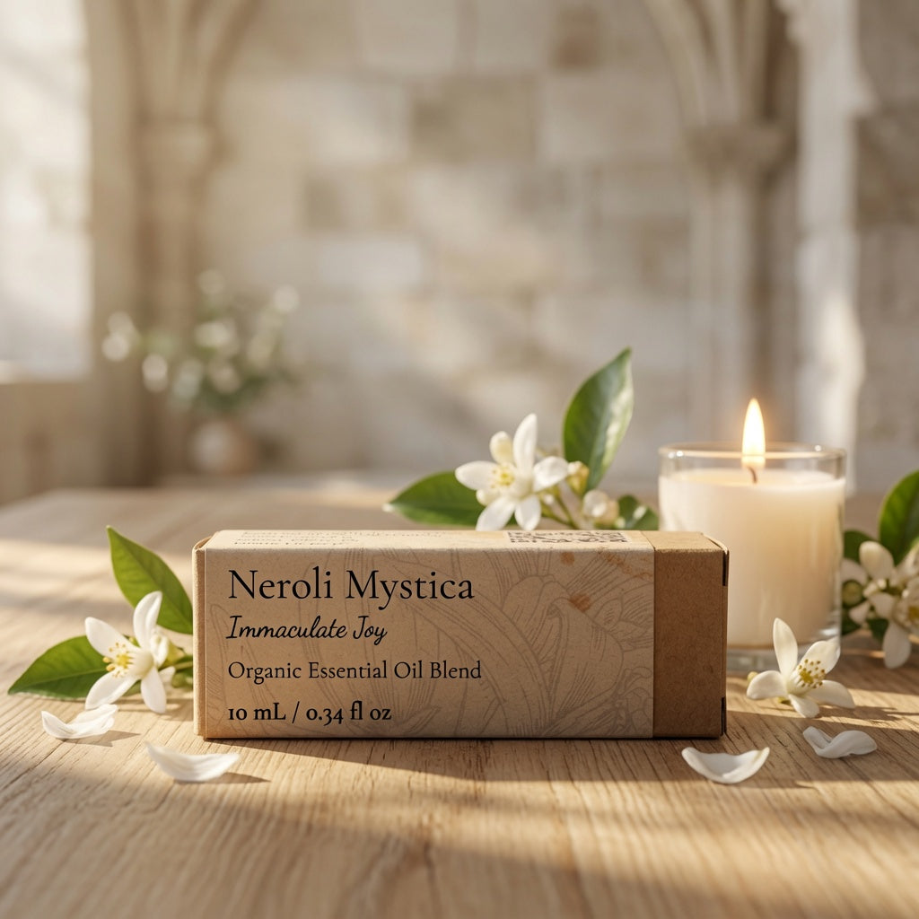 A rectangular box labeled 'Neroli Mystica Immaculate Joy Organic Essential Oil Blend 10 mL / 0.34 fl oz' sits on a wooden surface with white flowers and a lit candle in a softly blurred indoor setting.