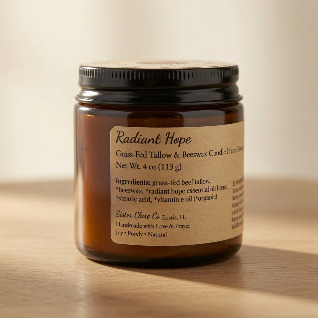An amber glass jar candle with a black lid and a beige label reading 'Radiant Hope Grass-Fed Tallow & Beeswax Candle Handmade' by Scales Clave Co, set on a wooden surface against a warm beige background.