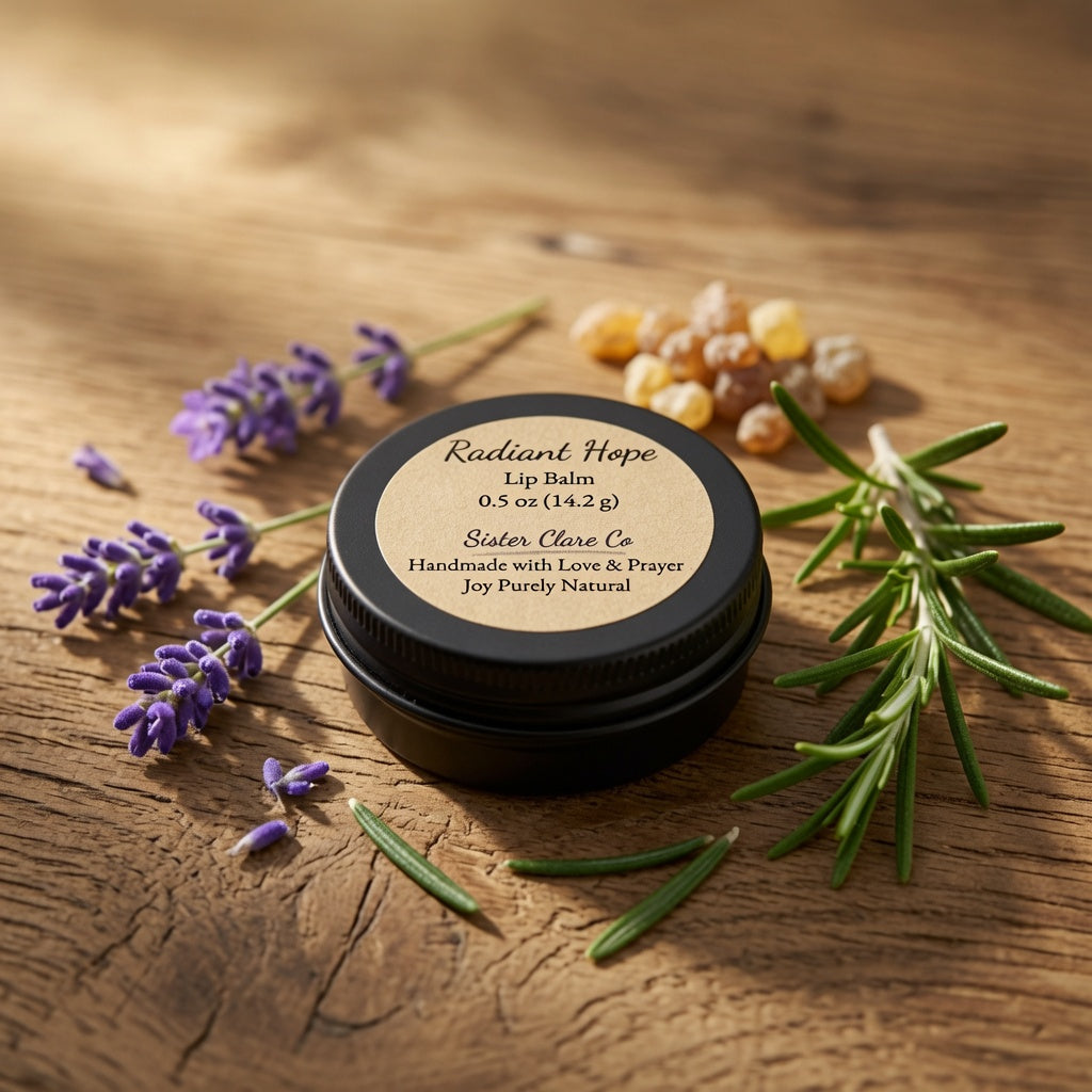 A small black round tin of Sister Clave Co. Radiant Hope Lip Balm sits on a rustic wooden surface, surrounded by fresh rosemary sprigs, lavender flowers, and small amber beads.