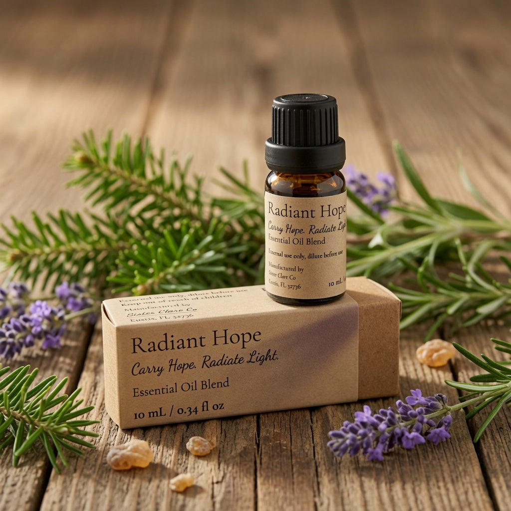 An amber glass essential oil bottle labeled Radiant Hope sits on top of a kraft paper box with the same product name, styled on a rustic wooden surface with rosemary sprigs, purple flowers, and small amber resin pieces.