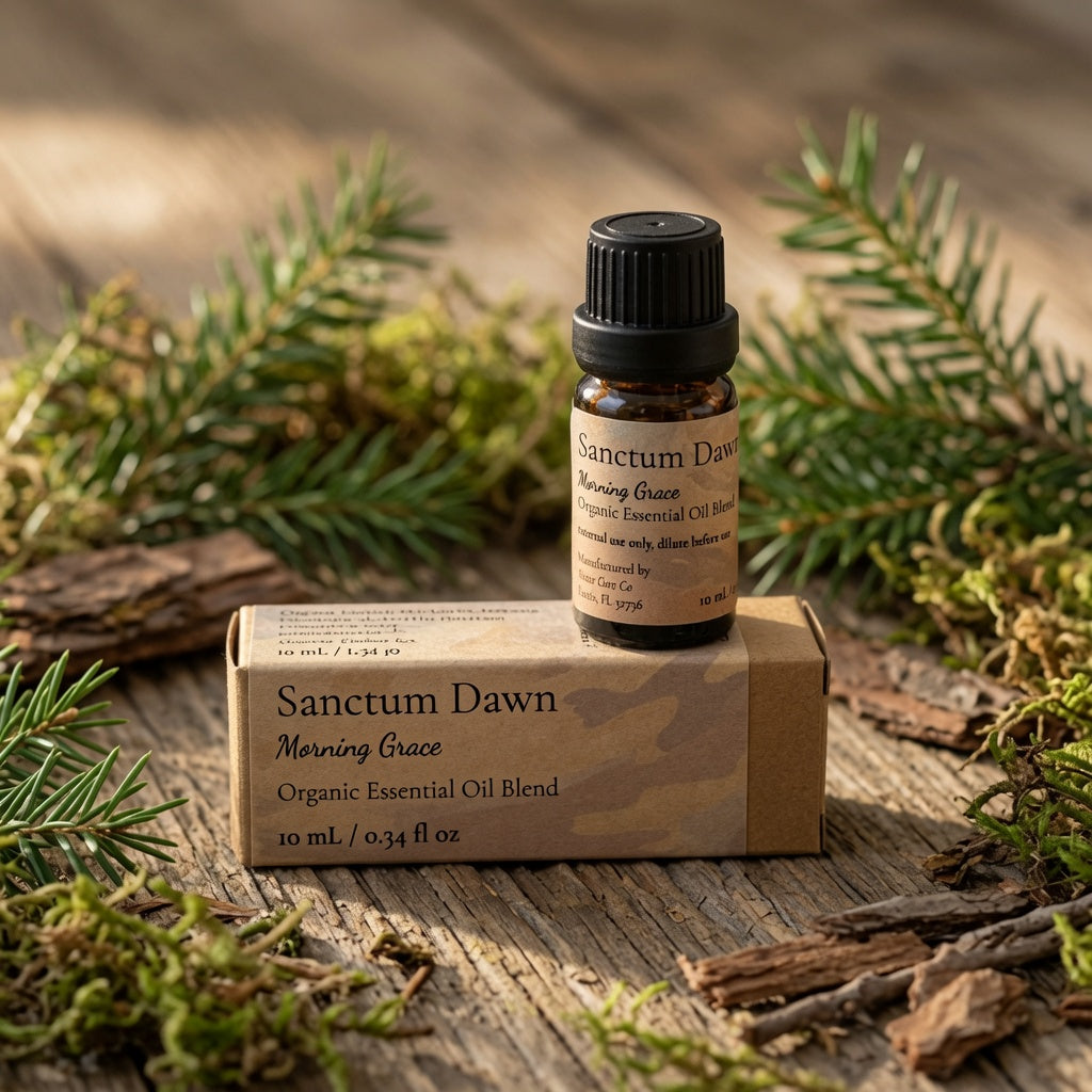 A small amber glass bottle of Sanctum Dawn Morning Grace essential oil blend stands on top of its kraft paper box, surrounded by pine branches and dried leaves on a rustic wooden surface.