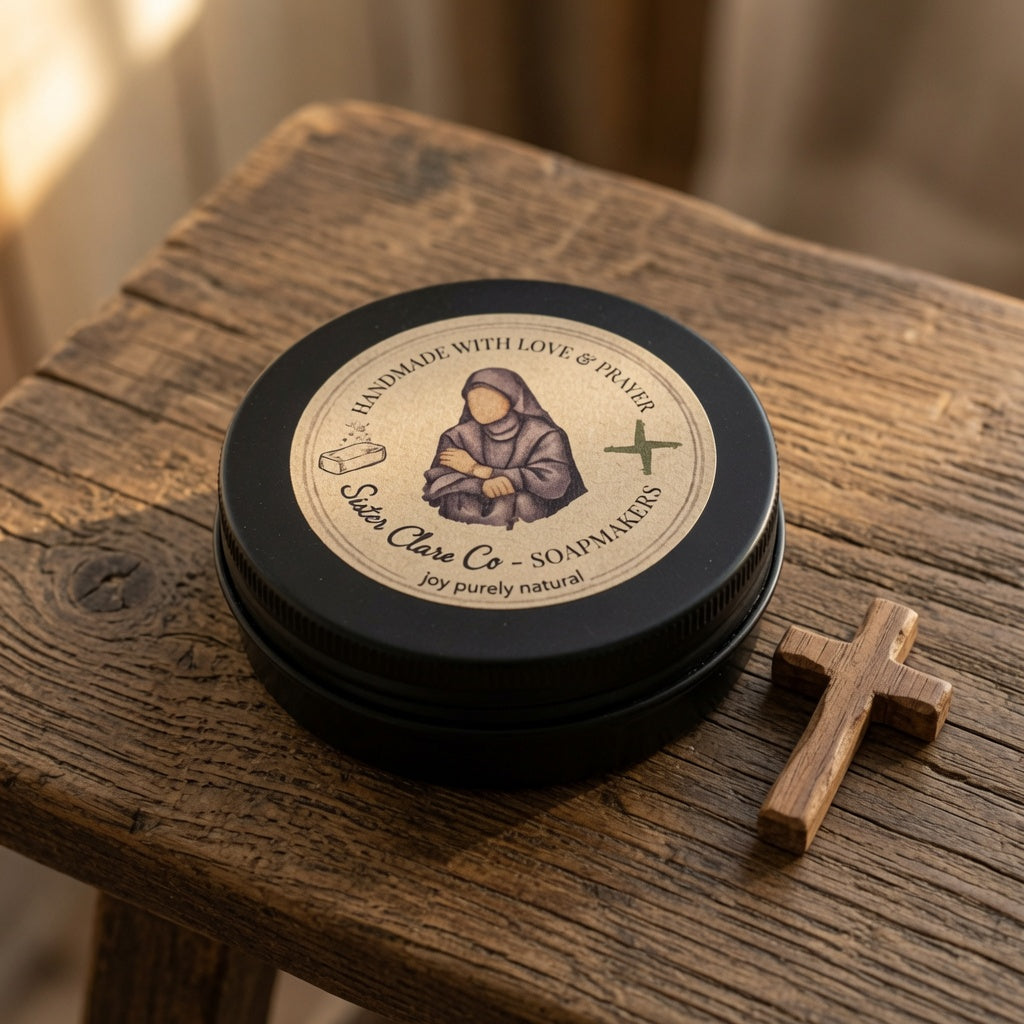 Stack of black tins with a label on a wooden surface, featuring a cross.