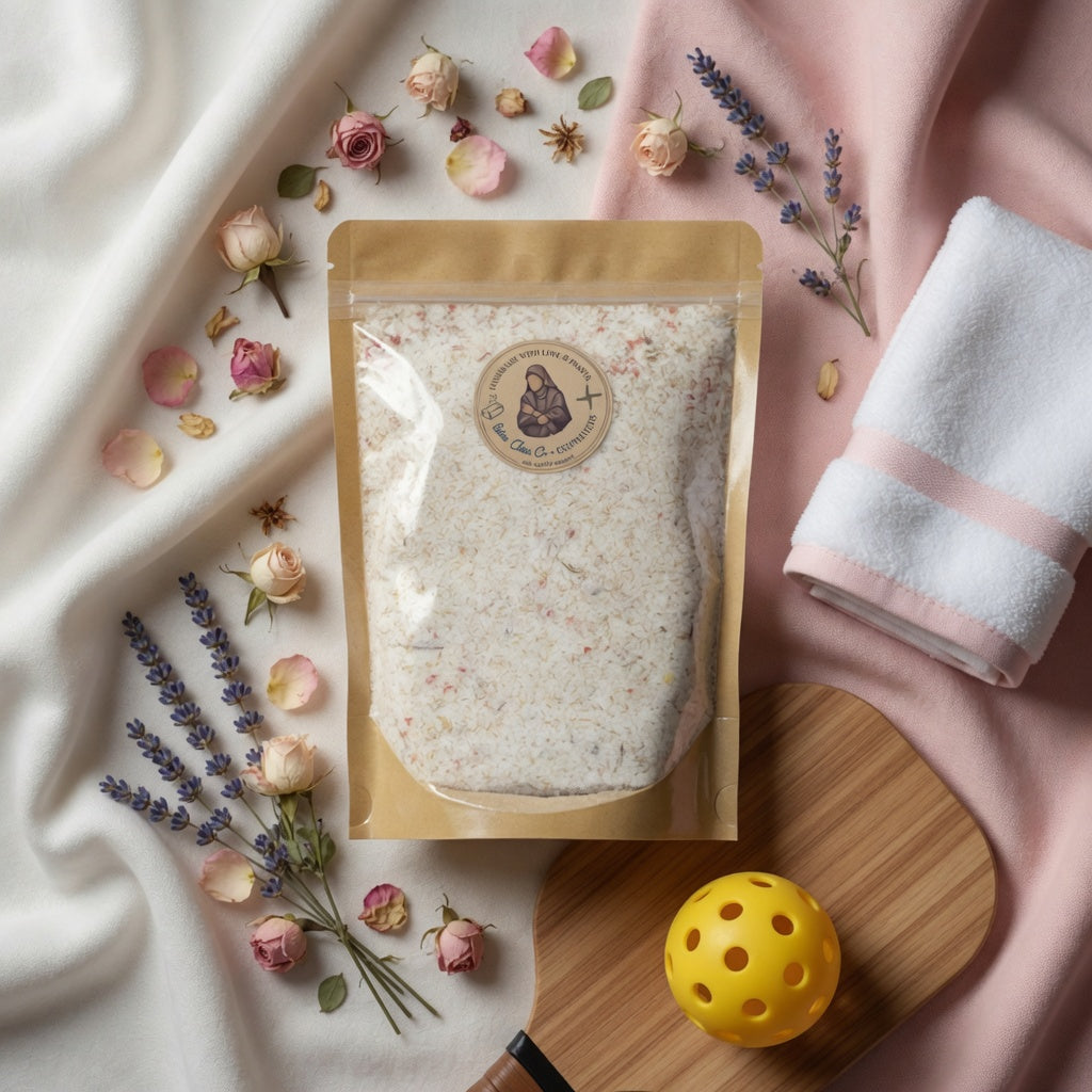Beautiful square overhead flat-lay photograph of Athleta Christi Mineral Soak pouch in a themed setting with scattered petals, dried botanicals, soft fabrics in white/pink tones, a folded athletic towel, and a pickleball paddle with ball, evoking a serene yet powerful recovery ritual after tough training.
