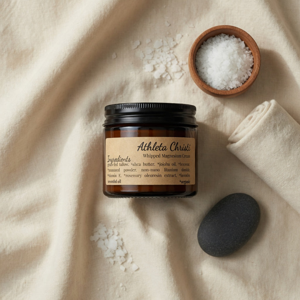 Jar of Athleta Christi product on a beige fabric background with a small bowl of salt and a stone.