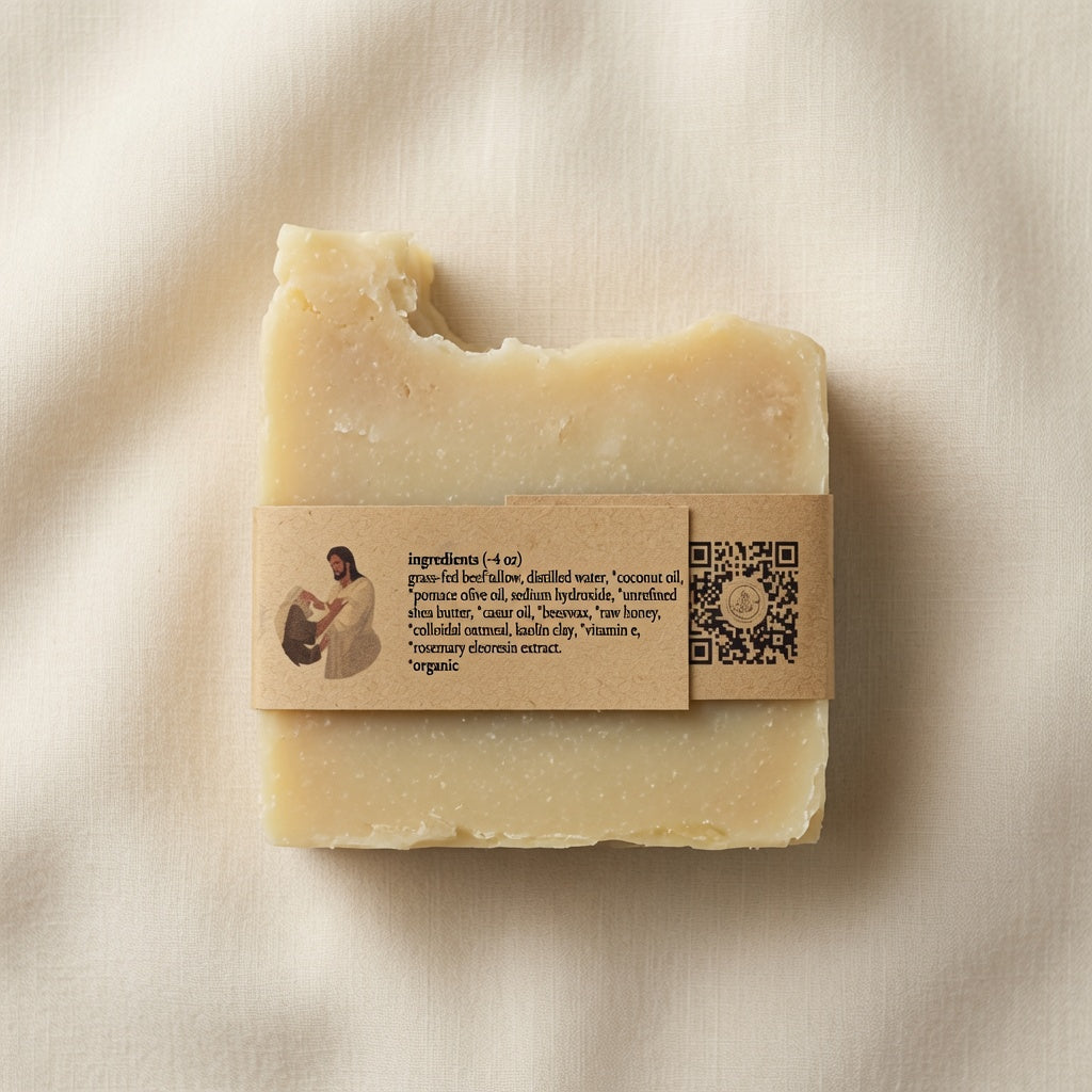 A single bar of handmade soap in a pale creamy yellow color, wrapped with a brown kraft paper label that displays ingredients and a QR code, set against a neutral beige fabric background.