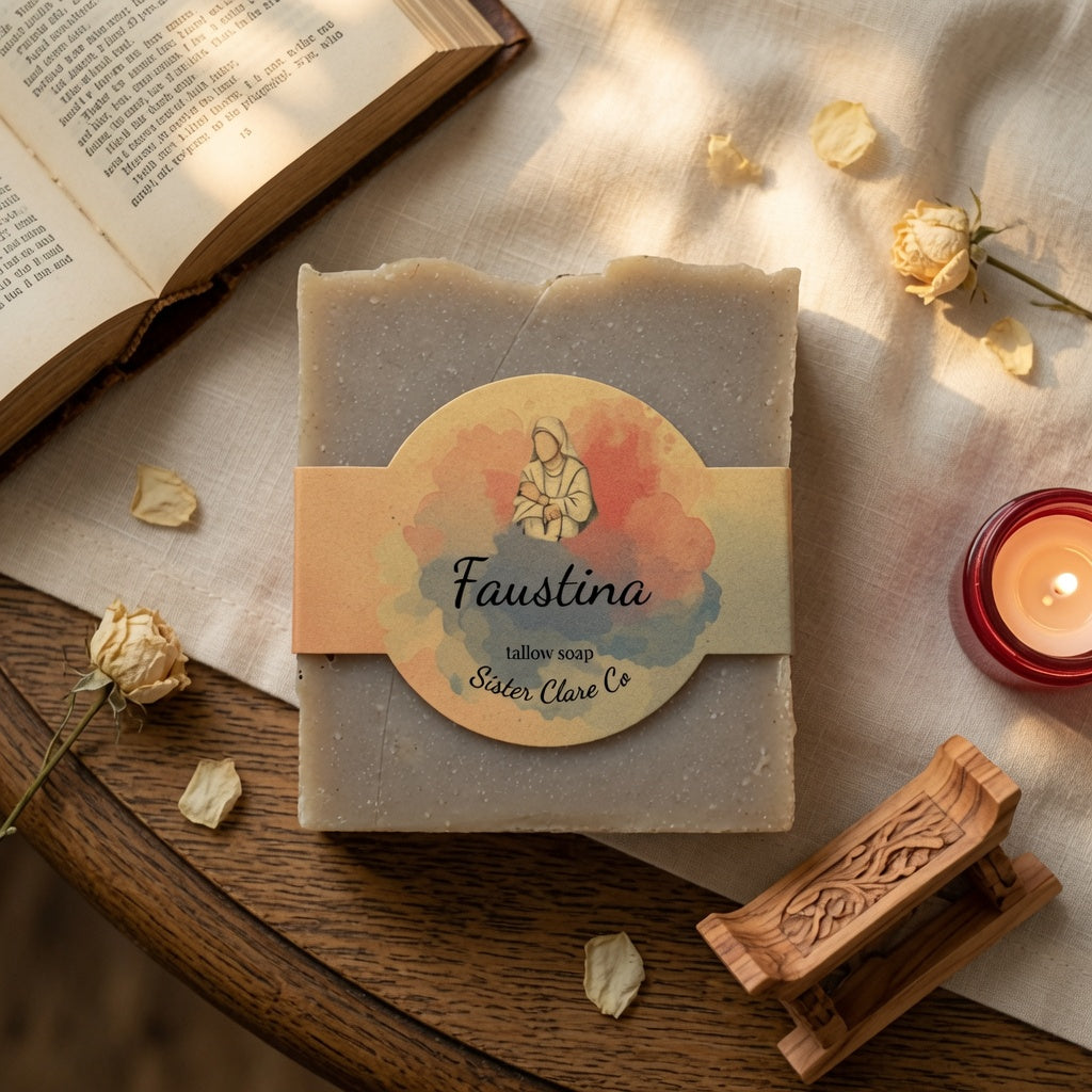 A rectangular bar of soap labeled 'Faustina' by Sales Clare Co, wrapped with a circular paper label, styled on a wooden table with an open book, dried flowers, a small candle, and a wooden object.
