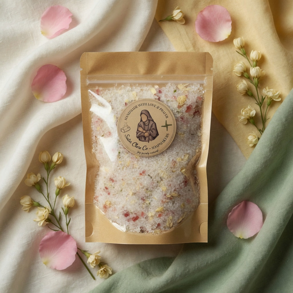 Beautiful square overhead flat-lay photograph of Guadalupe Mineral Soak pouch in a themed setting with scattered rose petals, dried jasmine, soft fabrics in white/green/yellow tones, evoking a serene, prayerful bath ritual customers can instantly picture themselves enjoying.
