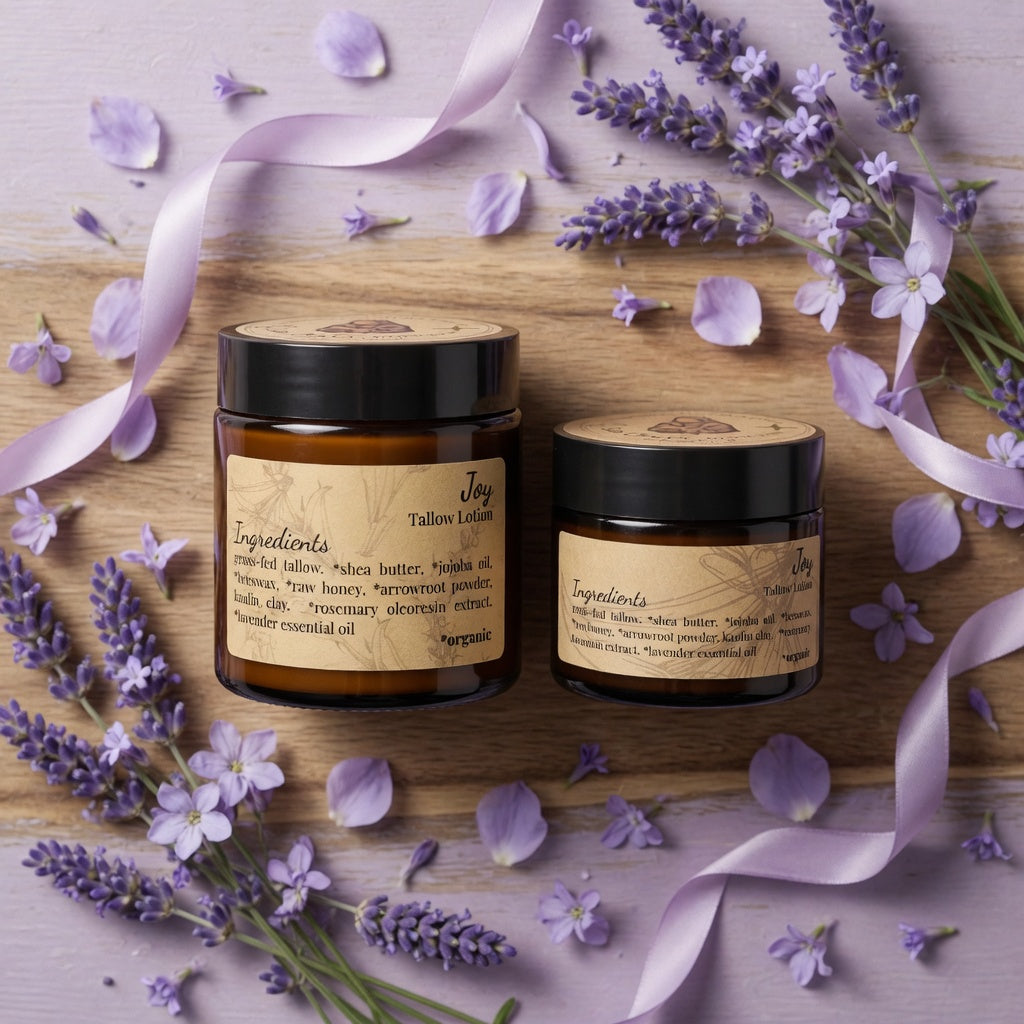 Overhead view of Joy Tallow Lotion in a vibrant light lavender-themed joyful setting with delicate flowers and natural elements