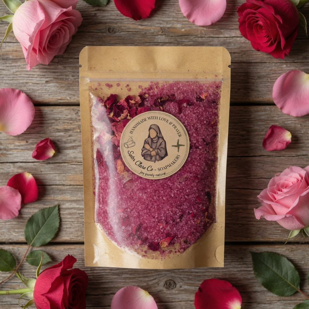 Overhead square view of Lisieux Mineral Soak pouch in a soft rose garden-inspired setting with petals and natural light, emotionally drawing customers into a heavenly bath experience.