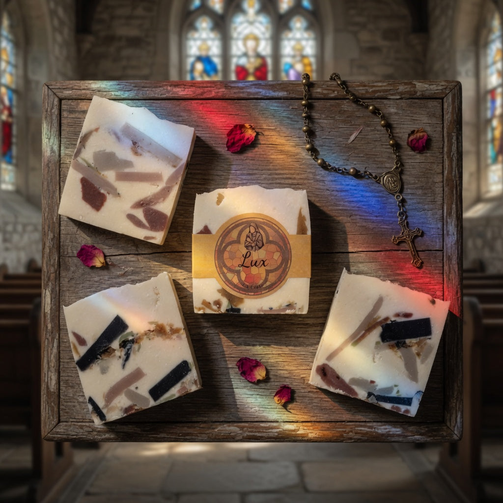 Overhead view of Lux Tallow Soap in a church-inspired setting with soft light and subtle stained glass elements.