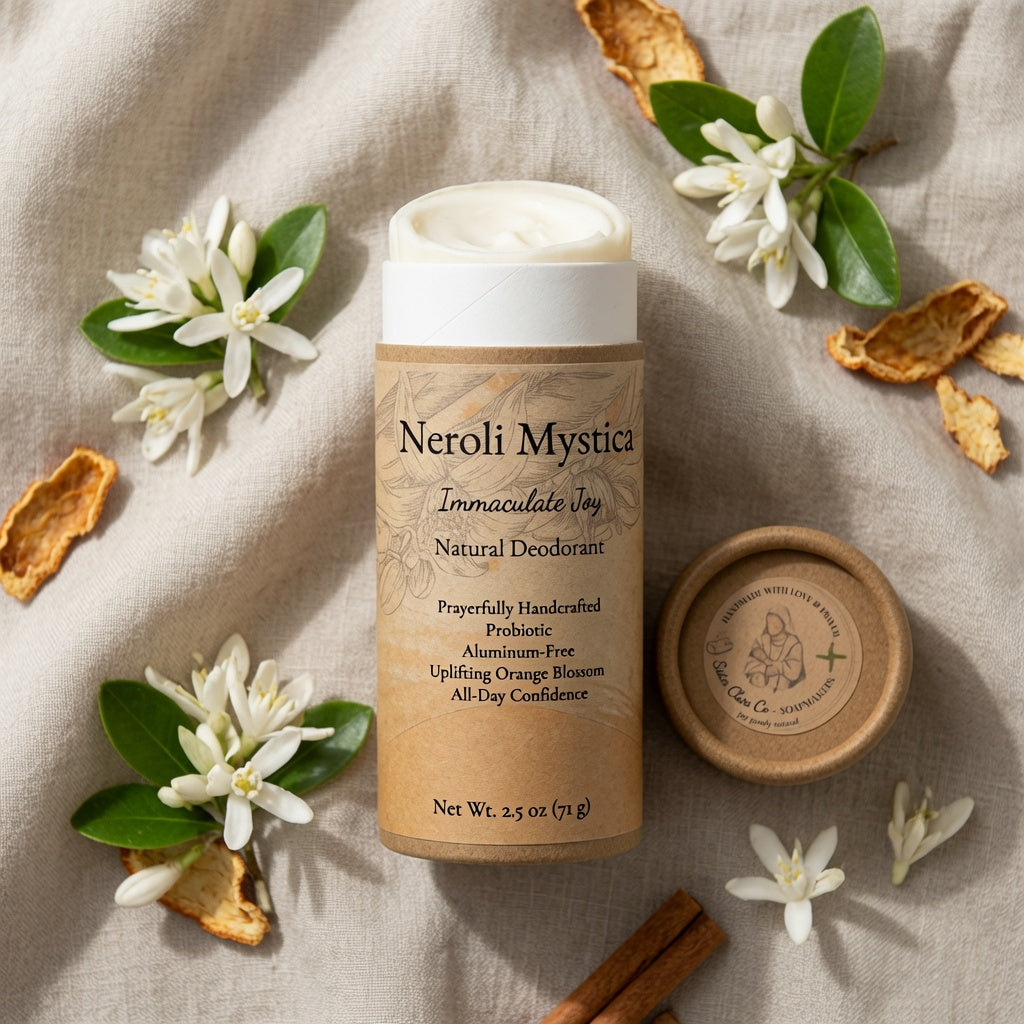 A jar of Neroli Mystica Immaculate Joy Natural Deodorant is styled on a linen fabric background with white neroli flowers, green leaves, dried orange peel, cinnamon sticks, and the lid placed beside it.