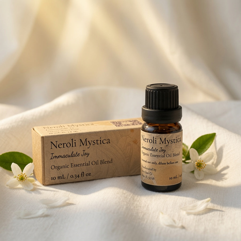 A small amber glass bottle of Neroli Mystica Immaculate Joy essential oil blend with a black cap stands beside its kraft paper box on draped white fabric, with white flowers and green leaves around them.