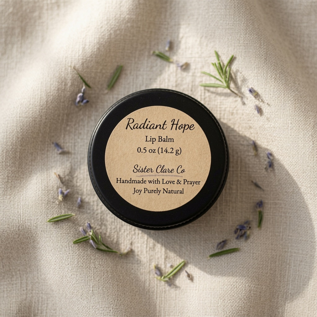 A round black-lidded jar of Sister Clare Co Radiant Hope Lip Balm sits on a textured beige linen cloth, surrounded by scattered rosemary sprigs and small lavender buds. The label is a natural beige color with black text.