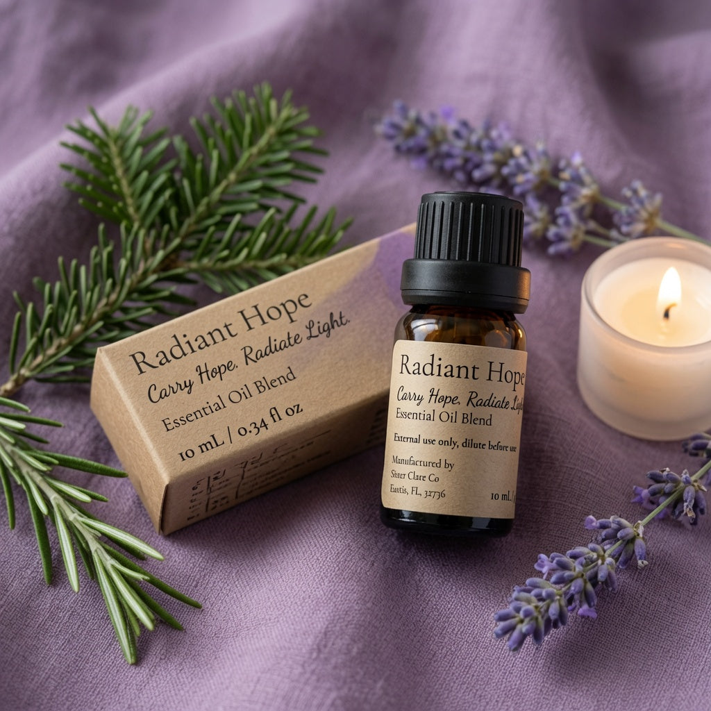 Essential oil bottle and its kraft paper box labeled Radiant Hope Carry Hope, Radiate Light, styled on a purple fabric with rosemary, lavender, and a lit candle.
