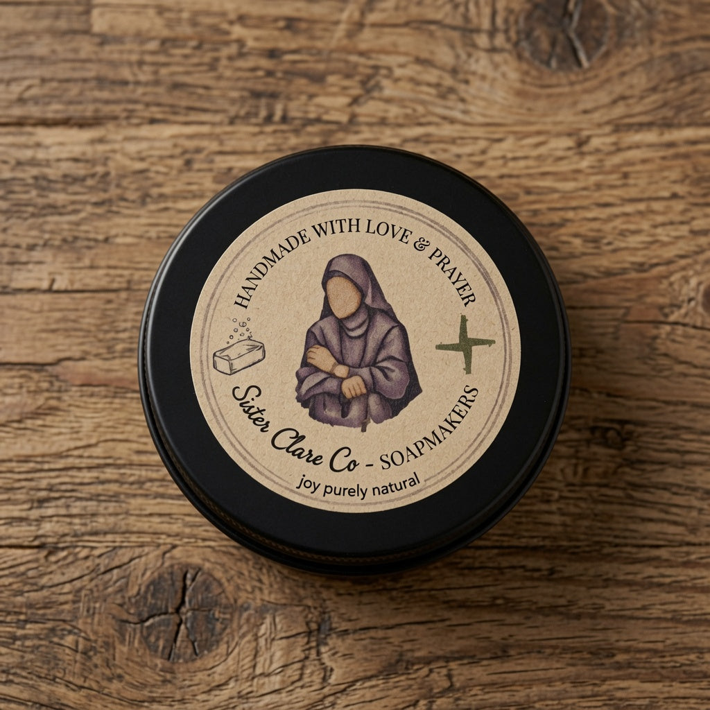 Black tin with a label on a wooden surface