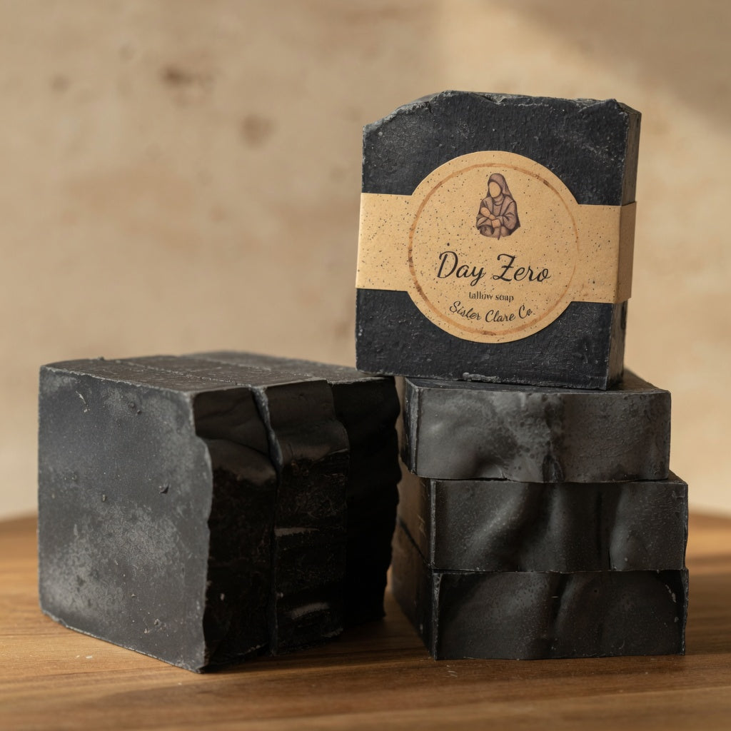 Day Zero black tallow soap hero stack with nun logo label – Sister Clare Co.