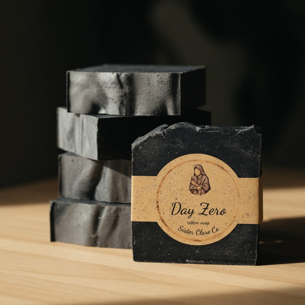 Day Zero branded tallow soap stack with nun logo – Sister Clare Co.