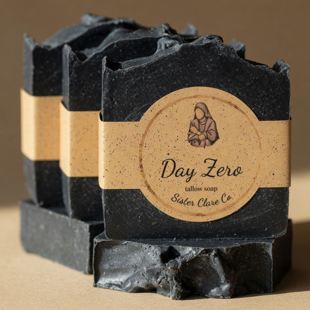 Day Zero black tallow soap side angle stack with authentic speckled nun label – Sister Clare Co.