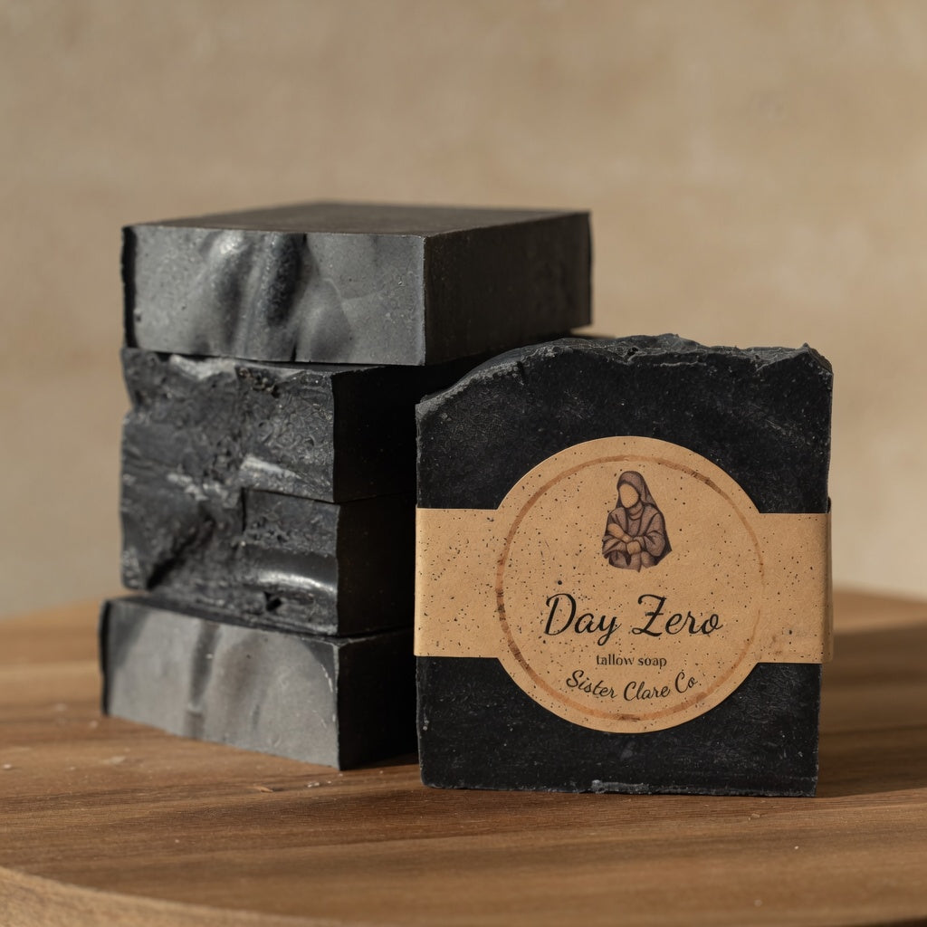 Day Zero tallow soap lifestyle stack in serene warm light with authentic speckled nun label – Sister Clare Co.