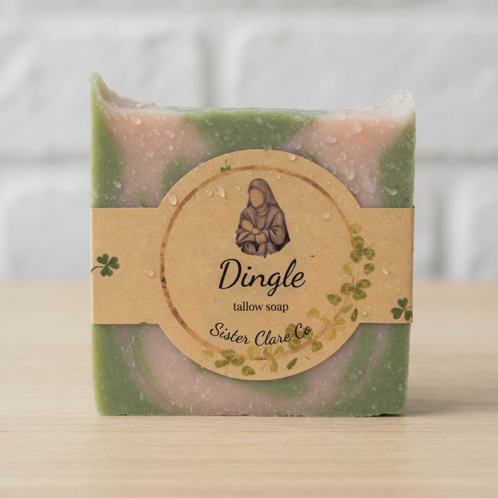 Dingle Tallow Soap with refreshing water droplets – lemongrass zest meets tallow’s creamy lather for an energizing, skin-loving cleanse. Sister Clare Co. Handmade with Love & Prayer • Joy Purely Natural