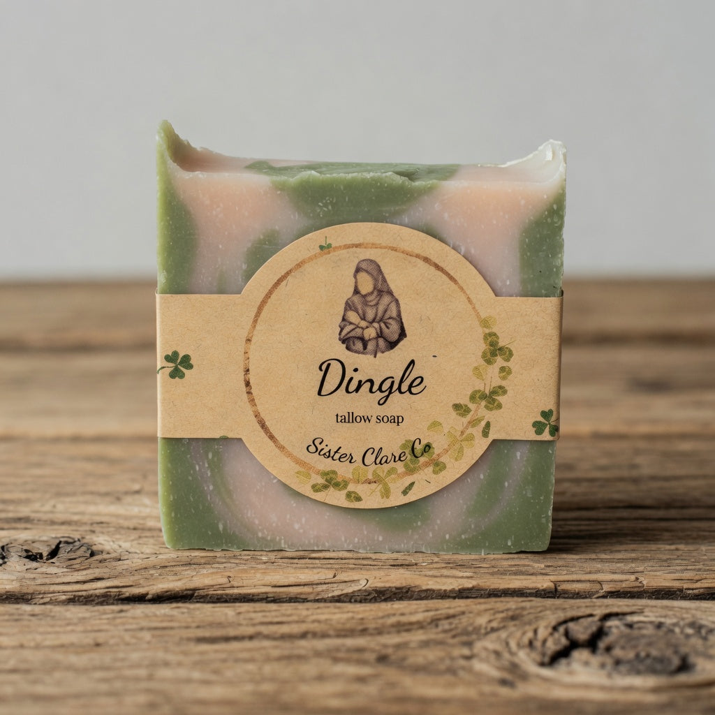 Dingle Tallow Soap – white and green marbled bar inspired by Ireland’s Dingle Peninsula and Sister Clare Crockett, handmade with love & prayer for nourishing tallow care and lemongrass refreshment. Sister Clare Co. Handmade with Love & Prayer • Joy Purely Natural