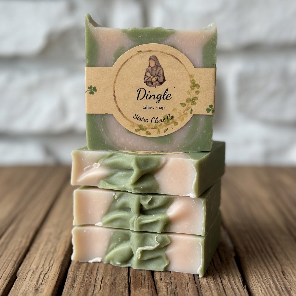 Stacked Dingle Tallow Soap bars – perfect for gifting, capturing the peaceful beauty of Ireland with nourishing tallow and refreshing lemongrass. Sister Clare Co. Handmade with Love & Prayer • Joy Purely Natural